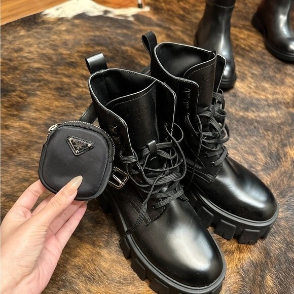 PRADA Leather Zip Pocket Combat Booties - Picture 3 of 9